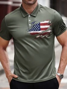 Gym Rark Boyfriend Style Men's Front Button Short Sleeve Printed Casual Sports Polo T-Shirt - Army Green - View 5