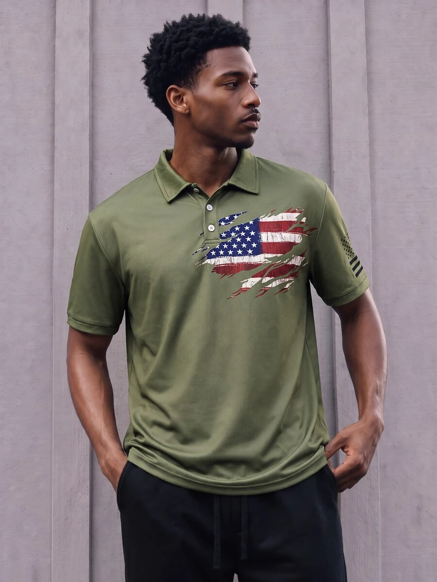 Gym Rark Boyfriend Style Men's Front Button Short Sleeve Printed Casual Sports Polo T-Shirt - Army Green - View 1