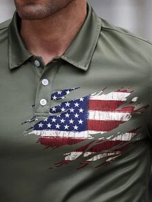 Gym Rark Boyfriend Style Men's Front Button Short Sleeve Printed Casual Sports Polo T-Shirt - Army Green - View 7