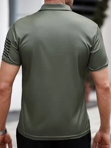Gym Rark Boyfriend Style Men's Front Button Short Sleeve Printed Casual Sports Polo T-Shirt - Army Green - View 3