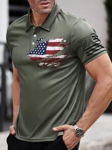 Gym Rark Boyfriend Style Men's Front Button Short Sleeve Printed Casual Sports Polo T-Shirt - Army Green - View 6
