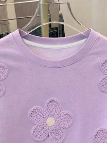 SHEIN [Printed Design] Tween Girls T-Shirt With Faux Knit Flower Print, Purple Floral Loose Fit Top, Suitable For Spring And Summer, Casual Cute, Daily Wear, School - Multicolor - View 5