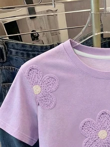 SHEIN [Printed Design] Tween Girls T-Shirt With Faux Knit Flower Print, Purple Floral Loose Fit Top, Suitable For Spring And Summer, Casual Cute, Daily Wear, School - Multicolor - View 6