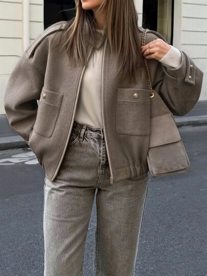 Flora Isola Flora Isola 2026 New Women's Autumn/Winter Diagonal Stripe Stand Collar Loose Jacket, Urban Commute Daily Casual Outerwear, Streetwear Afternoon Tea Jacket