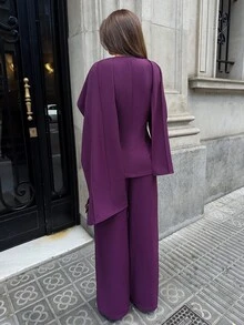 Aloruh Women's Autumn/Winter Shawl Metal Decor Jacket + Wide Leg Pants Suit Set - Purple - View 3