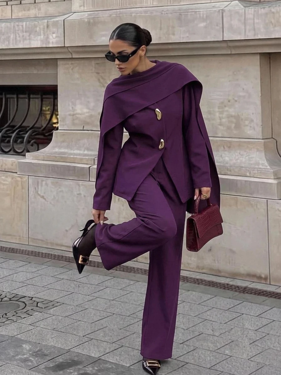 Aloruh Women's Autumn/Winter Shawl Metal Decor Jacket + Wide Leg Pants Suit Set