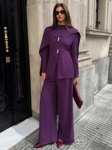 Aloruh Women's Autumn/Winter Shawl Metal Decor Jacket + Wide Leg Pants Suit Set - Purple - View 4