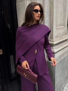 Aloruh Women's Autumn/Winter Shawl Metal Decor Jacket + Wide Leg Pants Suit Set - Purple - View 8