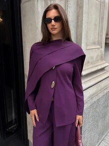 Aloruh Women's Autumn/Winter Shawl Metal Decor Jacket + Wide Leg Pants Suit Set - Purple - View 5