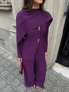 Aloruh Women's Autumn/Winter Shawl Metal Decor Jacket + Wide Leg Pants Suit Set - Purple - View 6