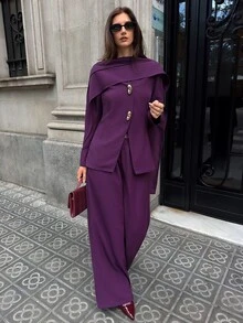 Aloruh Women's Autumn/Winter Shawl Metal Decor Jacket + Wide Leg Pants Suit Set - Purple - View 7