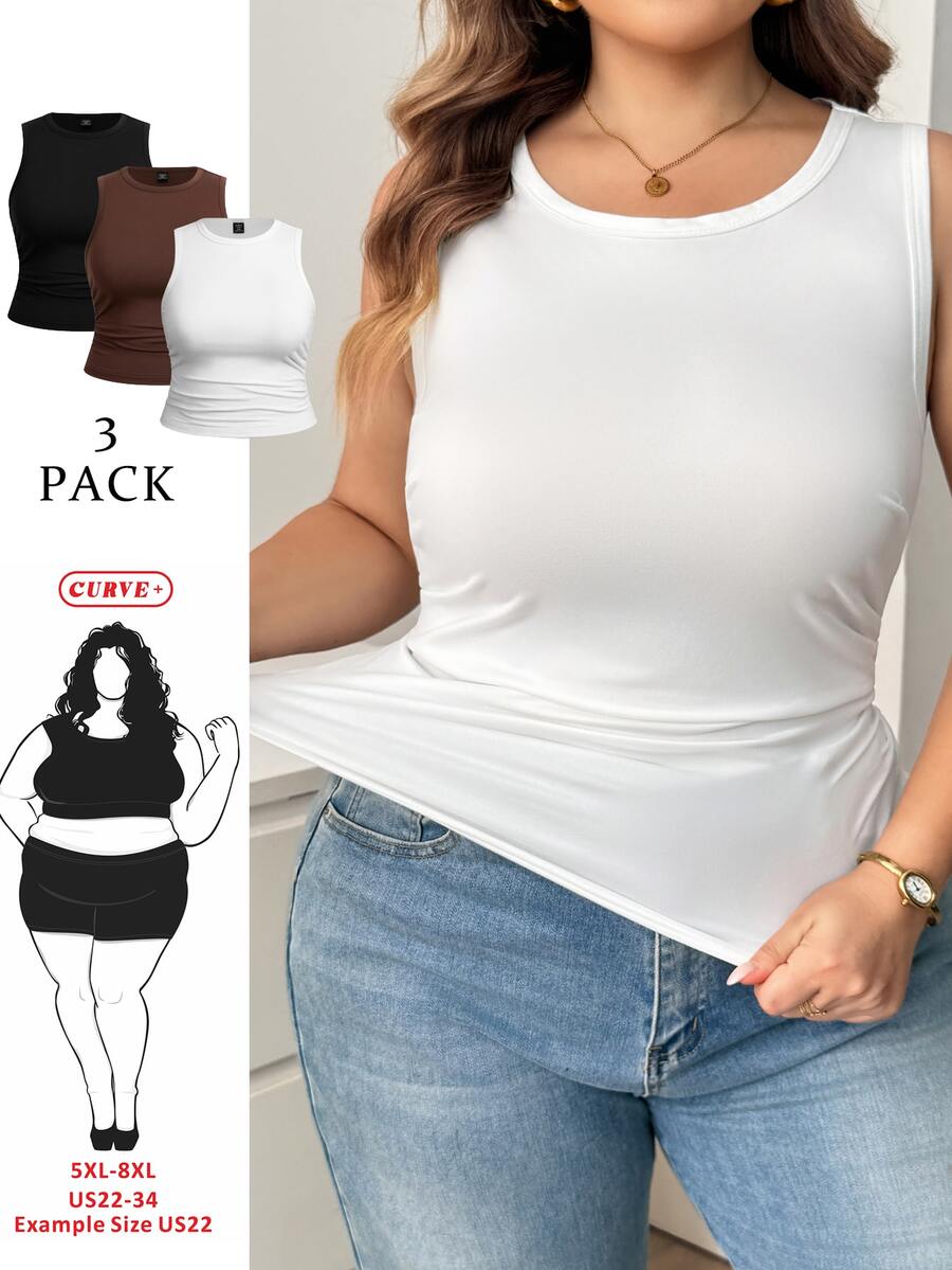 SHEIN CURVE+ 3pcs Plus Size Solid Color Casual Round Neck Camisole Tank Top Set All, Fall Winter 2026 22W - Multicolor - View 1