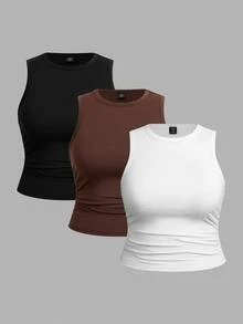 SHEIN CURVE+ 3pcs Plus Size Solid Color Casual Round Neck Camisole Tank Top Set All, Fall Winter 2026 22W - Multicolor - View 12