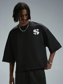 STYNVO 男士字母印花落肩袖T恤與短褲休閒套裝 - 黑色 - 查看 2
