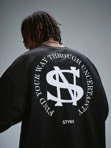 STYNVO 男士字母印花落肩袖T恤與短褲休閒套裝 - 黑色 - 查看 5