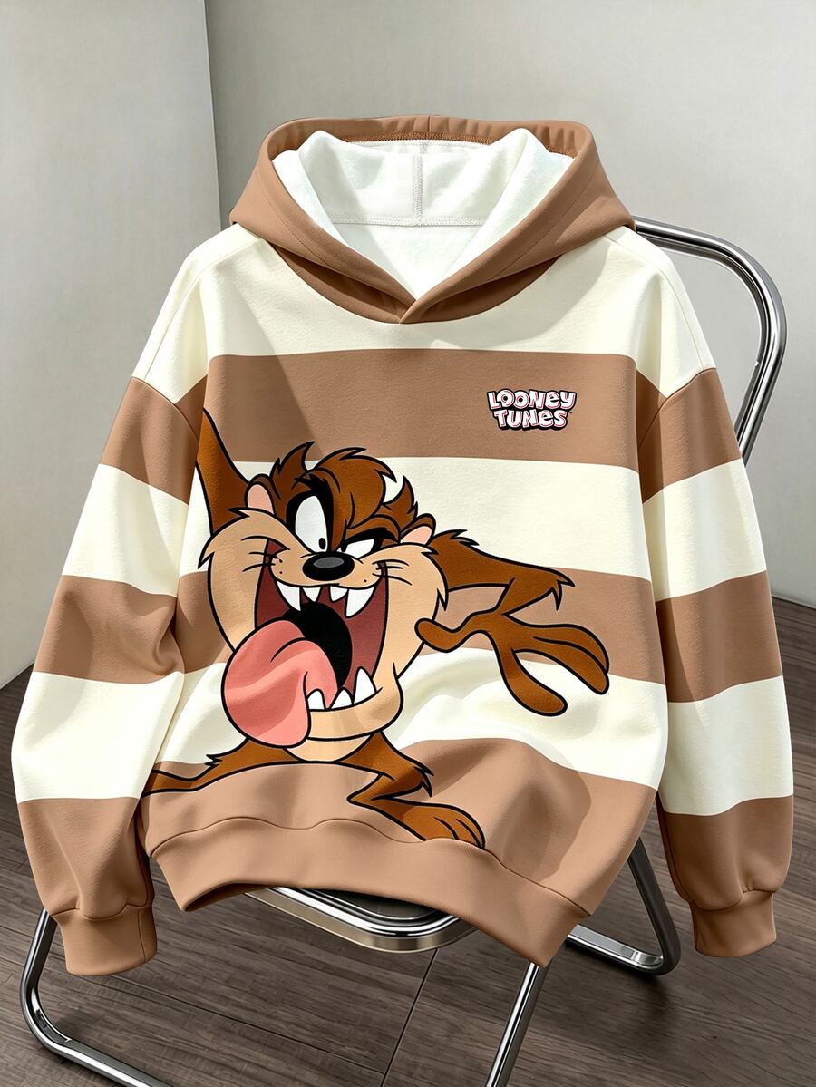 LOONEY TUNES X SHEIN Daypath Men's Striped Cartoon Print Long Sleeve Hoodie - Brown - View 1