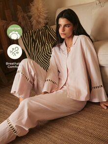 Lullawish Women's Cotton Polyester Woven Fabric Striped Long Sleeve Long Pants Collared Pajama Set - Baby Pink - View 1