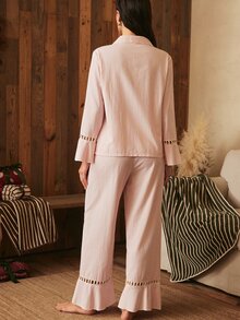 Lullawish Women's Cotton Polyester Woven Fabric Striped Long Sleeve Long Pants Collared Pajama Set - Baby Pink - View 2
