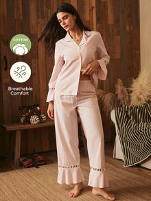 Lullawish Women's Cotton Polyester Woven Fabric Striped Long Sleeve Long Pants Collared Pajama Set - Baby Pink - View 8