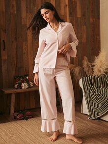 Lullawish Women's Cotton Polyester Woven Fabric Striped Long Sleeve Long Pants Collared Pajama Set - Baby Pink - View 4