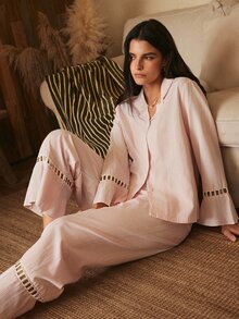 Lullawish Women's Cotton Polyester Woven Fabric Striped Long Sleeve Long Pants Collared Pajama Set - Baby Pink - View 7