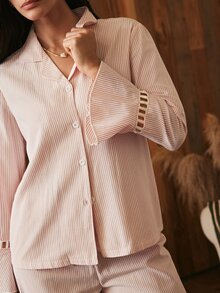 Lullawish Women's Cotton Polyester Woven Fabric Striped Long Sleeve Long Pants Collared Pajama Set - Baby Pink - View 5