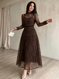 Modelyn فستان نسائي بني قهوة دانتيل ضيق متوسط الطول خريف وشتاء أنيق فستان دانتيل للمعلمة