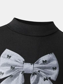 SHEIN 女童蝴蝶結裝飾長袖T恤與長褲休閒日常套裝 - 黑色 - 查看 6