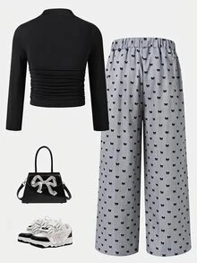 SHEIN 女童蝴蝶結裝飾長袖T恤與長褲休閒日常套裝 - 黑色 - 查看 5