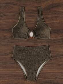 SHEIN Swim New Women's Two-Piece Bikini For Summer, Featuring Textured Fabric And Resin Ring-Buckle Detailing On The Straps-Vacation Outfits Women. - Coffee Brown - View 4