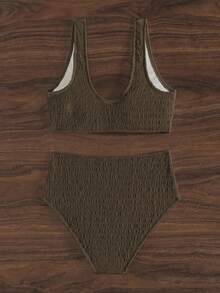 SHEIN Swim New Women's Two-Piece Bikini For Summer, Featuring Textured Fabric And Resin Ring-Buckle Detailing On The Straps-Vacation Outfits Women. - Coffee Brown - View 2