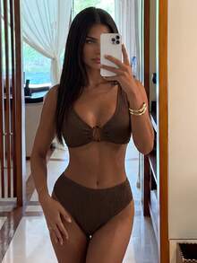 SHEIN Swim New Women's Two-Piece Bikini For Summer, Featuring Textured Fabric And Resin Ring-Buckle Detailing On The Straps-Vacation Outfits Women. - Coffee Brown - View 1