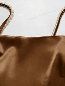 SHEIN Franclia Elegant Pearl Decor High Slit Camisole Dress, Summer - Coffee Brown - View 3