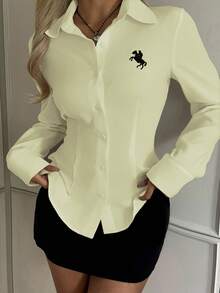 SHEIN EZwear 女式新款刺绣装饰修身长袖杏色上衣 - 杏色 - 查看 3