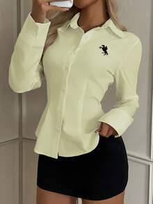 SHEIN EZwear 女式新款刺绣装饰修身长袖杏色上衣 - 杏色 - 查看 4
