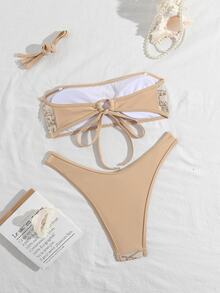 Costavie 2-Piece Floral Sequin Textured Bandeau Bikini Set, Sexy Swimwear For Women, Spring/Summer - Gold - View 11
