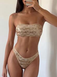 Costavie 2-Piece Floral Sequin Textured Bandeau Bikini Set, Sexy Swimwear For Women, Spring/Summer - Gold - View 5