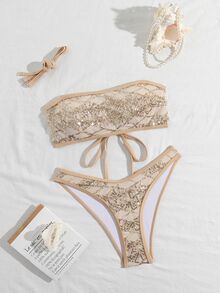 Costavie 2-Piece Floral Sequin Textured Bandeau Bikini Set, Sexy Swimwear For Women, Spring/Summer - Gold - View 9