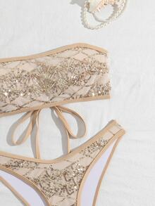 Costavie 2-Piece Floral Sequin Textured Bandeau Bikini Set, Sexy Swimwear For Women, Spring/Summer - Gold - View 10