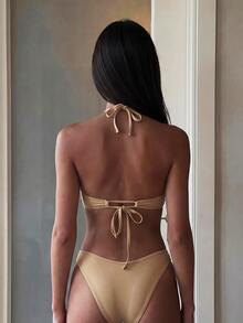 Costavie 2-Piece Floral Sequin Textured Bandeau Bikini Set, Sexy Swimwear For Women, Spring/Summer - Gold - View 3