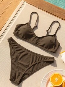 SHEIN Swim 2pcs/Set Women's Fashionable & Cute Vacation Sexy Beach/Pool/Party Solid Color Black Adjustable Spaghetti Strap Micro Bikini Top And Bottoms Swimwear Set - Coffee Brown - View 5