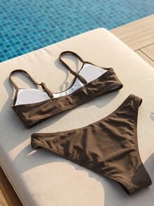 SHEIN Swim 2pcs/Set Women's Fashionable & Cute Vacation Sexy Beach/Pool/Party Solid Color Black Adjustable Spaghetti Strap Micro Bikini Top And Bottoms Swimwear Set - Coffee Brown - View 3