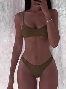 SHEIN Swim 2pcs/Set Women's Fashionable & Cute Vacation Sexy Beach/Pool/Party Solid Color Black Adjustable Spaghetti Strap Micro Bikini Top And Bottoms Swimwear Set - Coffee Brown - View 4