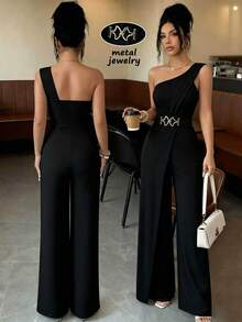 Elenzga Women's Metal Waist Design One-Shoulder Jumpsuit - Black - View 3