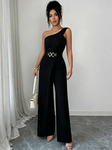 Elenzga Women's Metal Waist Design One-Shoulder Jumpsuit - Black - View 8