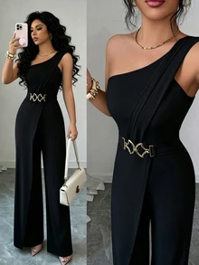 Elenzga Women's Metal Waist Design One-Shoulder Jumpsuit - Black - View 7