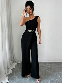 Elenzga Women's Metal Waist Design One-Shoulder Jumpsuit - Black - View 9