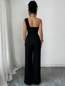 Elenzga Women's Metal Waist Design One-Shoulder Jumpsuit - Black - View 2