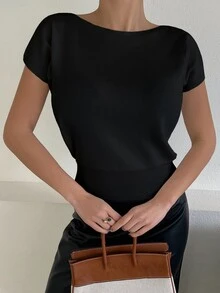 DAZY Solid Color Slim Fit Cold-Shoulder Short Sleeve Knit Top For Women Summer - Black - View 6
