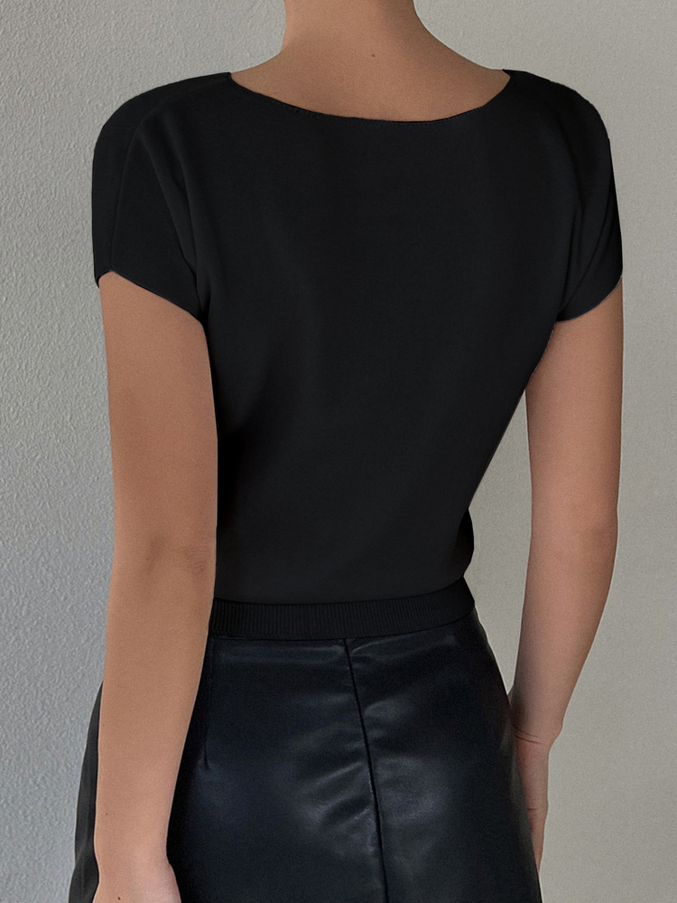 DAZY Solid Color Slim Fit Cold-Shoulder Short Sleeve Knit Top For Women Summer - Black - View 2
